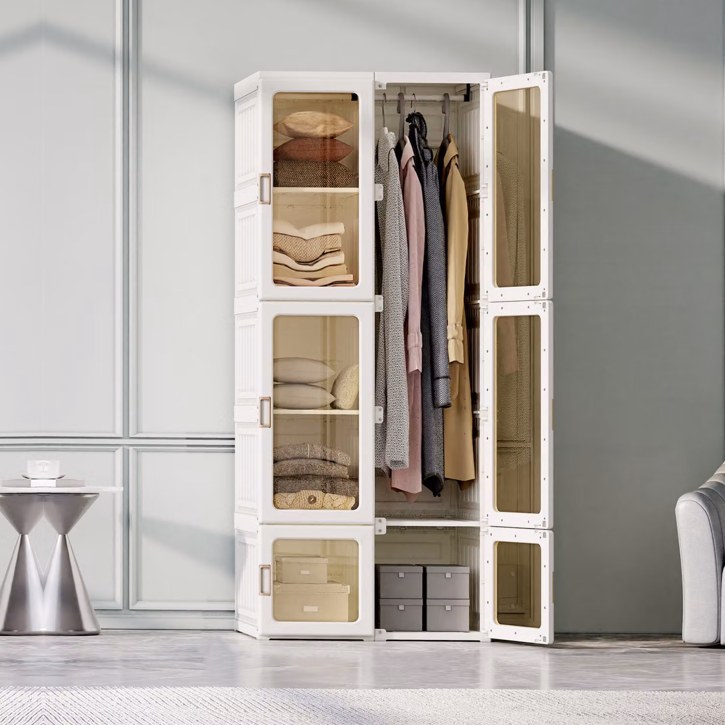 Armadio CDGlobal, sistema di scaffalatura portatile, armadio a cubo in plastica con asta appendiabiti, armadio bianco per camera da letto, 10 scomparti, 6 ante, 170 x 50 x 69cm