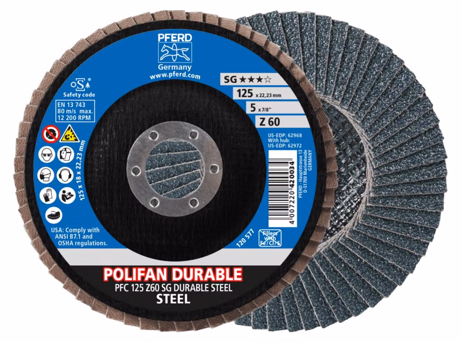PFERD TOOLS POLIFAN POWER Disco a ventaglio PFC conico Linea di prestazioni SG DURABLE STEEL per acciaio
