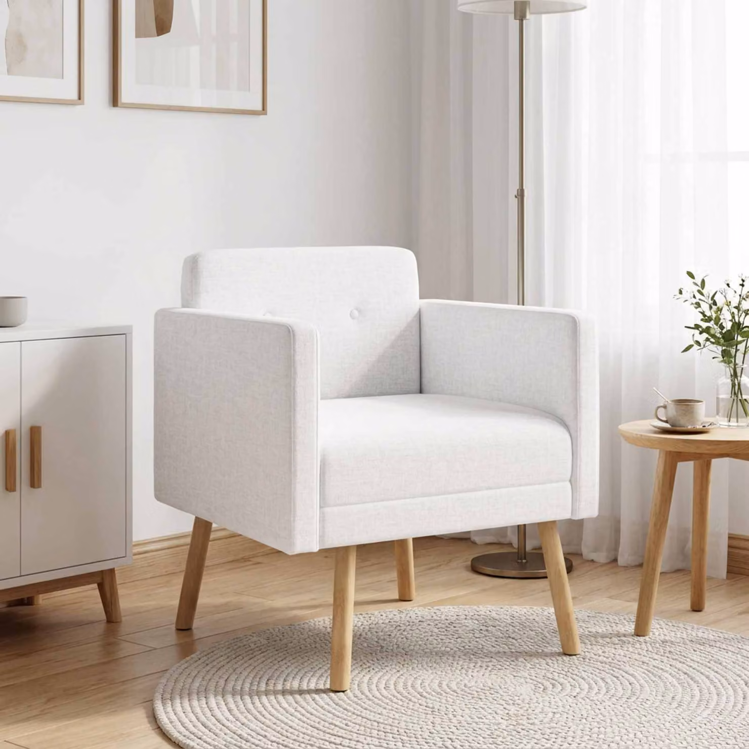 Sedia d'accento moderna vidaXL in tessuto bianco con braccioli e struttura in legno