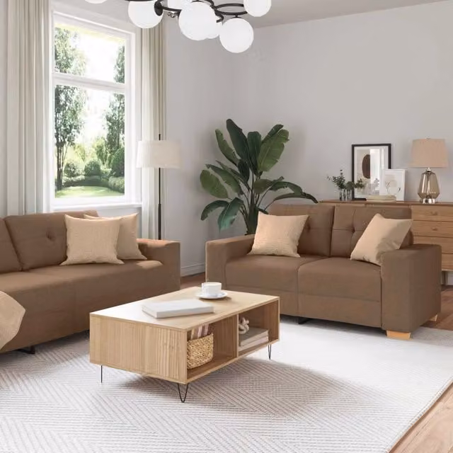 Divano 2 pz Marrone Tessuto misto lino 3324714