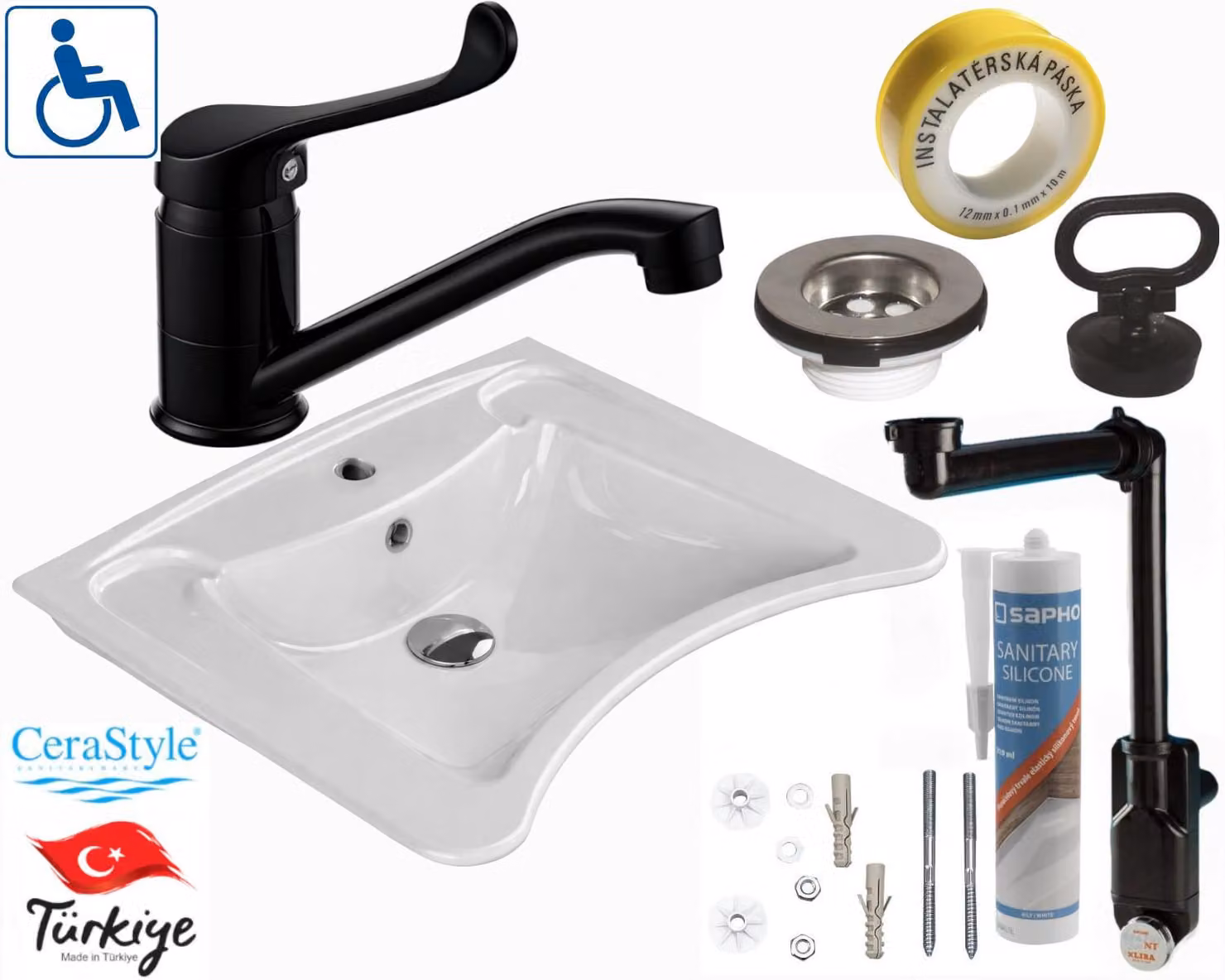 Cera Style | Lavabo per persone con disabilità - 60x50 cm - Bianco - Vetroceramica - Completo di rubinetteria, sifone e tappo
