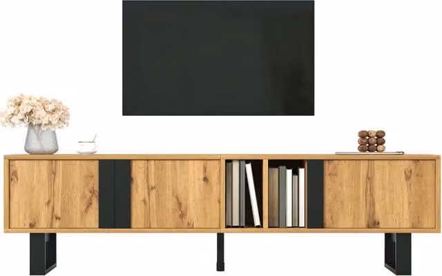 Mobile TV soggiorno, 3 ante singole, 2 vani separati, ripiani aperti, gambe in ferro nero, passacavi, cerniere metalliche ammortizzate