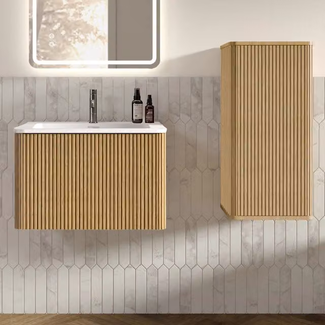 Set Mobile Sotto Lavabo e Colonna da Bagno Sospesi, 60 cm, Lavabo Bianco Opaco in Pietra Sintetica con Mobile in Color Rovere