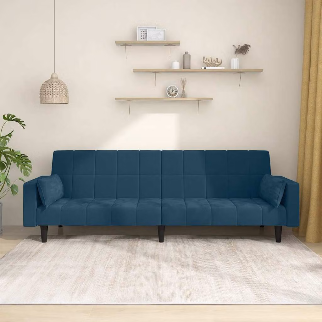 vidaXL Divano Letto Click-Clack a 2 Posti in Velluto Blu con 2 Cuscini e Struttura in Legno Massiccio