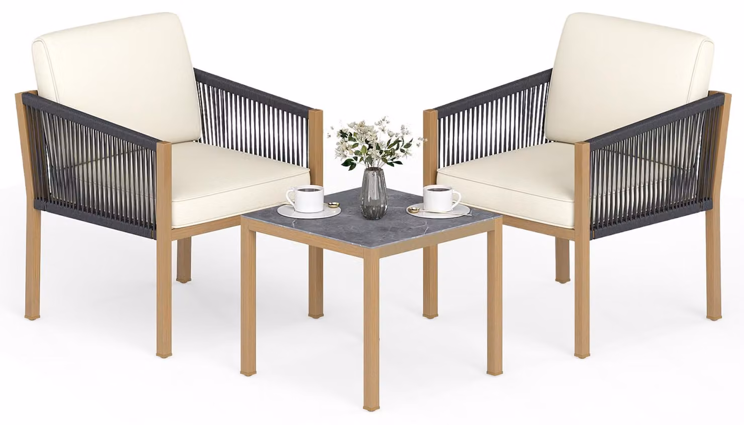 Set di mobili da balcone COSTWAY da 3 pezzi, set di mobili da giardino in polyrattan con 2 poltrone e tavolo, salottino con cuscini inclusi, set da balcone per 2 persone da esterno
