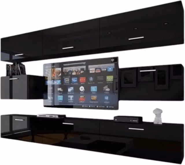 Set di mobili da soggiorno neri sospesi collezione CEPTO VII 249cm, 8 porte