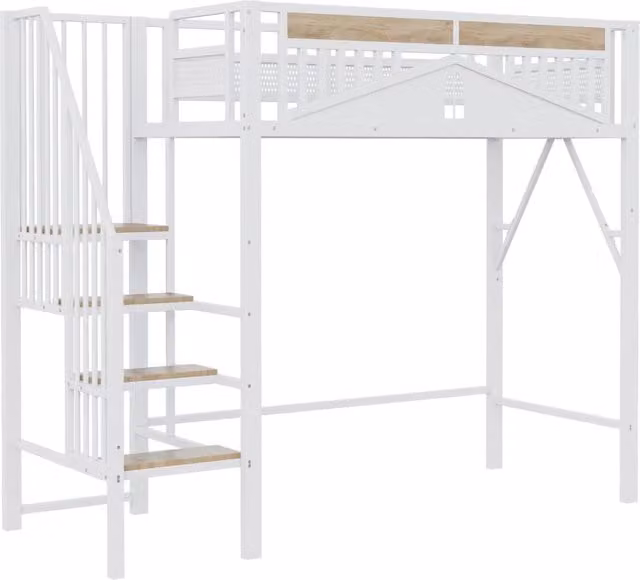 Letto a soppalco in metallo 90 x 200 cm con barriera di sicurezza e scala, colore bianco