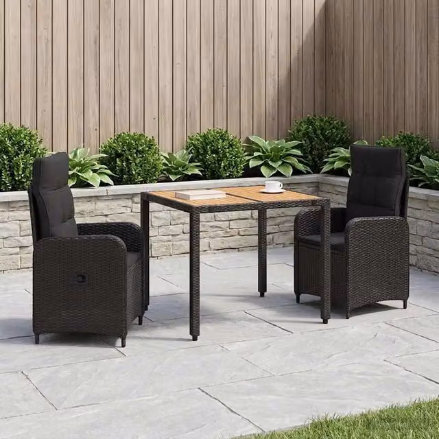 Set da pranzo per esterni 3 pezzi vidaXL in polyrattan e legno di acacia nero matt