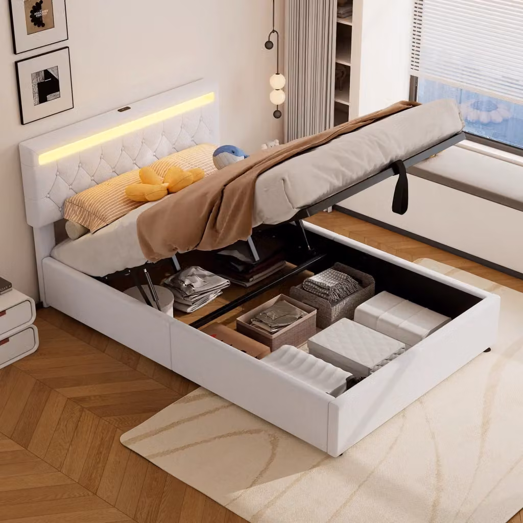 Letto Imbottito con Contenitore REDOM in Lino Bianco con LED, USB e USB-C, L/P: 140 x 200 cm – 2