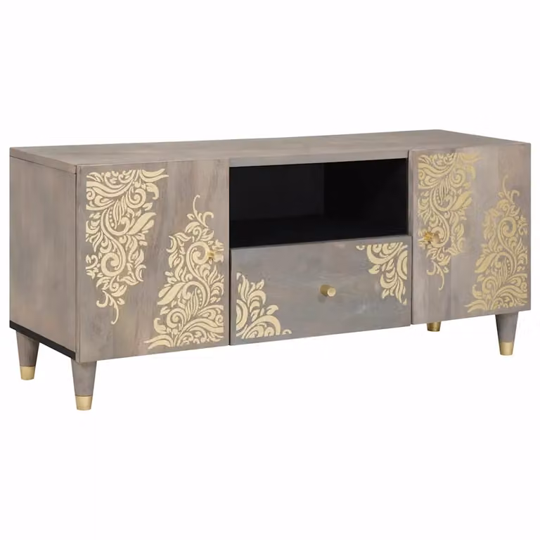 Mobile TV vidaXL in legno di mango massello, Grigio e Marrone, L 105 x P 33 x H 46 cm