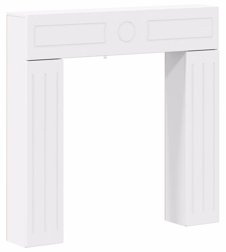 Cornice per camino, colore bianco, dimensioni 102 x 18 x 100,5 cm, realizzata in materiale composito di legno