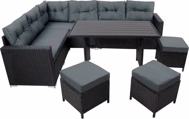 Set Angolare Rattan Giardino 9 Posti Nero Tavolo Cuscini Impermeabili