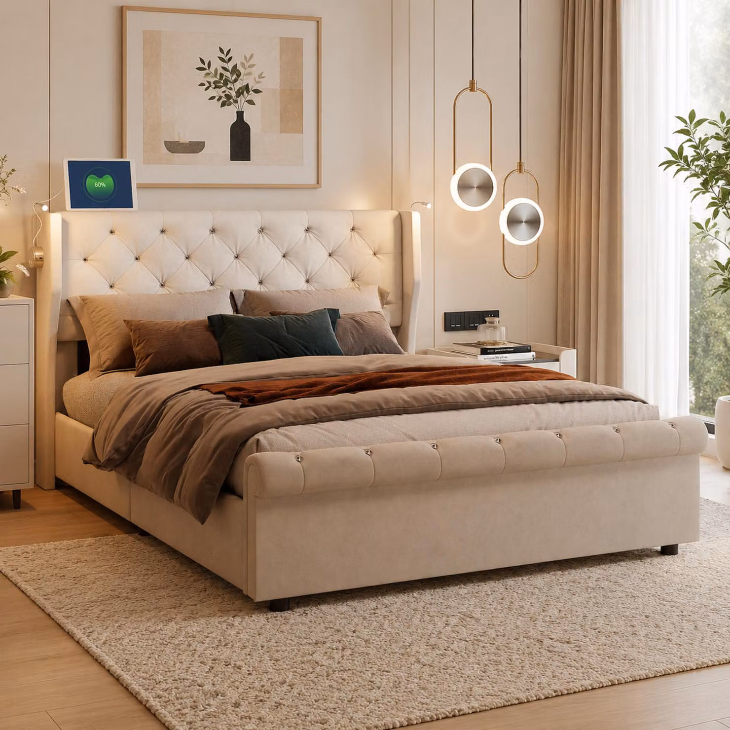 Letto imbottito INONEFT 140x190 cm con LED e USB, letto a molle con contenitore e rete, letto a due piazze per giovani con sistema idraulico e spazio contenitivo, rivestito in velluto color beige