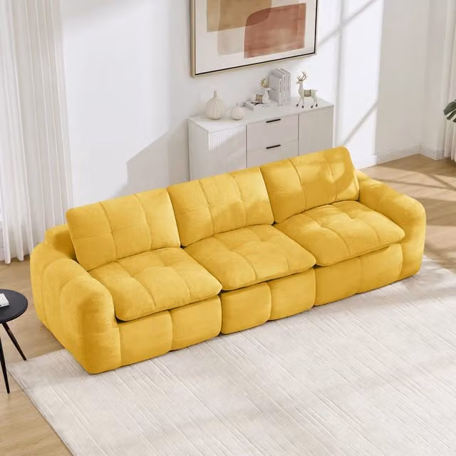 Divano modulare a 3 posti senza cornice con design trapuntato e cuscini ergonomici per soggiorno in ciniglia gialla