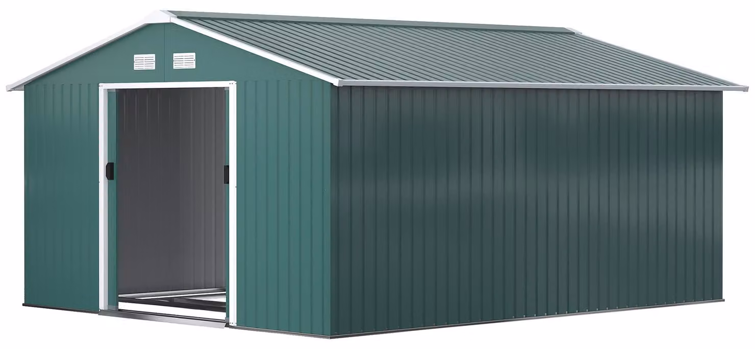Capanno per attrezzi con 2 porte scorrevoli | Colore: Verde | Dimensioni: 386x340x200 cm