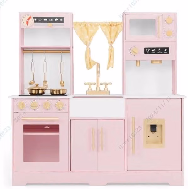 Cucina Giocattolo per Bambini, Cucina per Bambini in Legno con Forno, Microonde, Macchina da Caffè, Macchina del Ghiaccio, Lavello e Rubinetto, con Luci e Suoni per Bambini di 3+ Anni (Rosa)