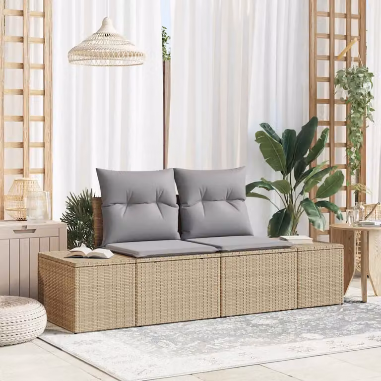 vidaXL Divano da giardino moderno in polyrattan beige con cuscini L: 184 cm, P: 62 cm, H: 69 cm