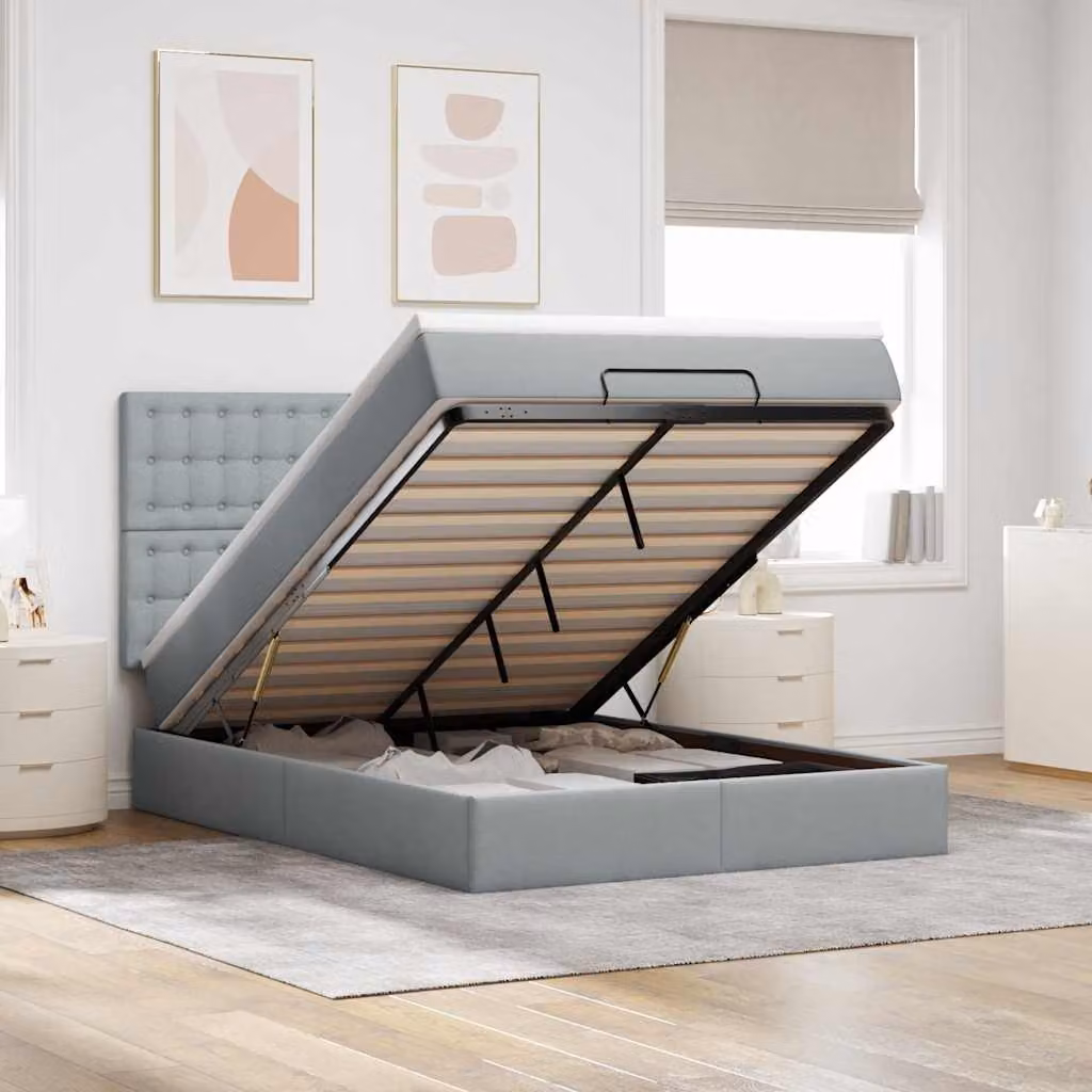 vidaXL Letto con Contenitore e Materasso in Tessuto, Colori Grigio e Bianco, L/P/H: 203 x 144 x 140 cm