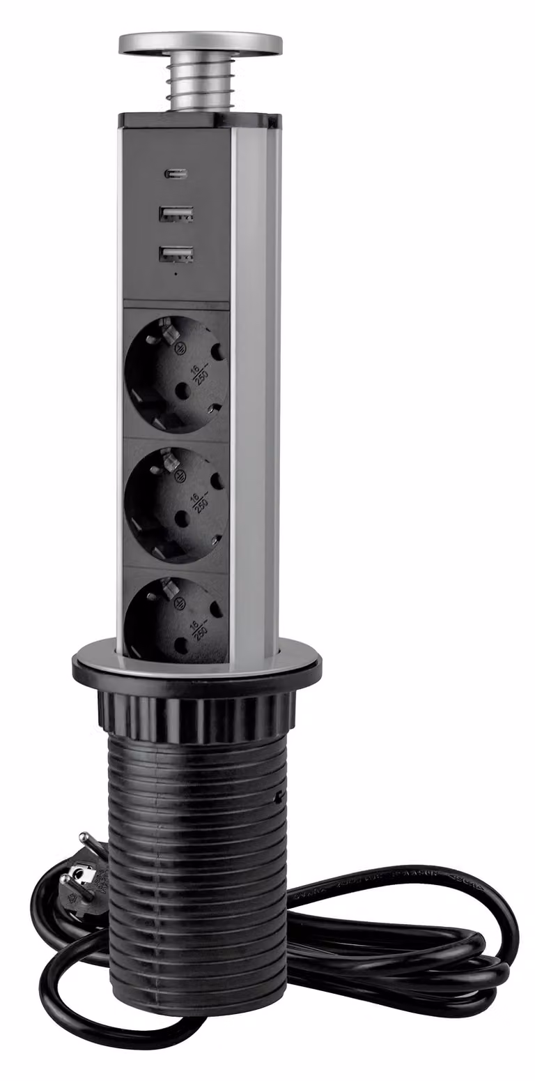 Emuca multipresa sollevabile verticale A+C, UE, grigio metallizzato, plastica e alluminio