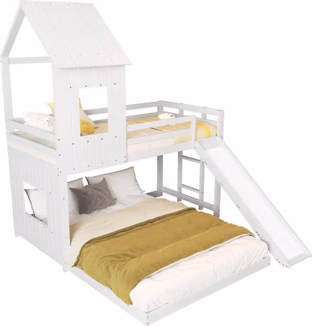 Letto a castello per bambini 140x200+90x200 cm con scivolo; tetto; finestra e scala a 3 gradini in legno bianco