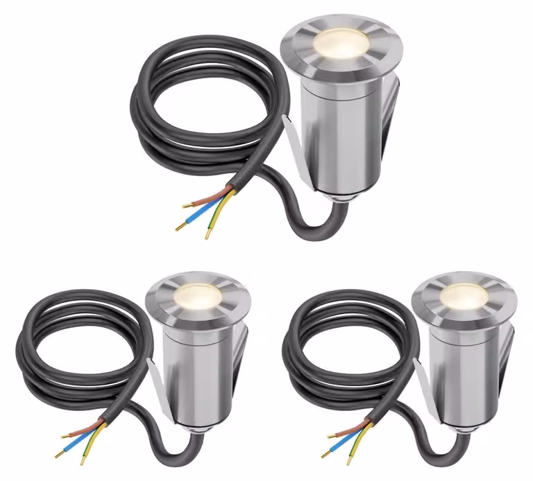 Set di 3 faretti a incasso per pavimento, tecnologia LED, grado di protezione IP67, alluminio, diametro 35 mm, luce bianco caldo, finitura opaca