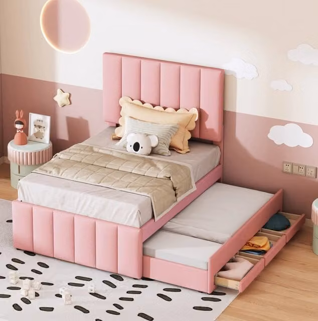 Letto imbottito rosa 90x200 cm con letto estraibile, 3 cassetti e testiera regolabile