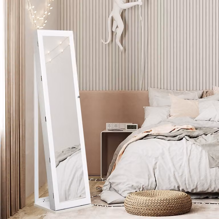 Armadio portagioie 2 in 1 Costway con specchio interno e 30 ganci per collane, colore bianco opaco