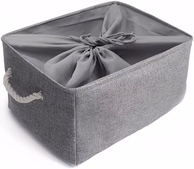 Contenitore Azomor® Jumbo in lino grigio con pratiche maniglie in cordoncino, pieghevole e lavabile