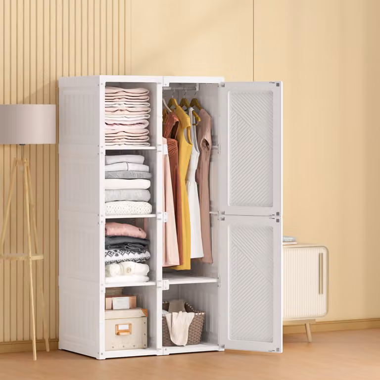 Armadio CDGlobal con appendiabiti, sistema modulare fai da te, ripiani, design profondo, 8 scomparti, 6 ante, 136x69x50cm, bianco