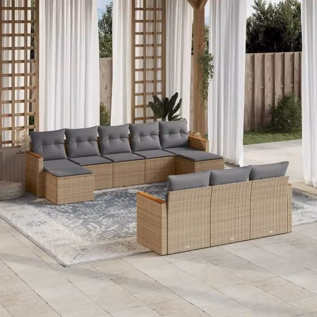 vidaXL Set Divano da Giardino a L 10 pz in Polyrattan con Cuscini Beige e Grigio – 1