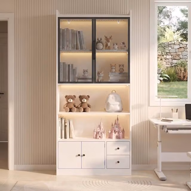 Vetrina LED 80 x 30 x 180 cm; ampio spazio contenitore; per la casa moderna; mobile salvaspazio; design moderno; pratico; compatto; bianco