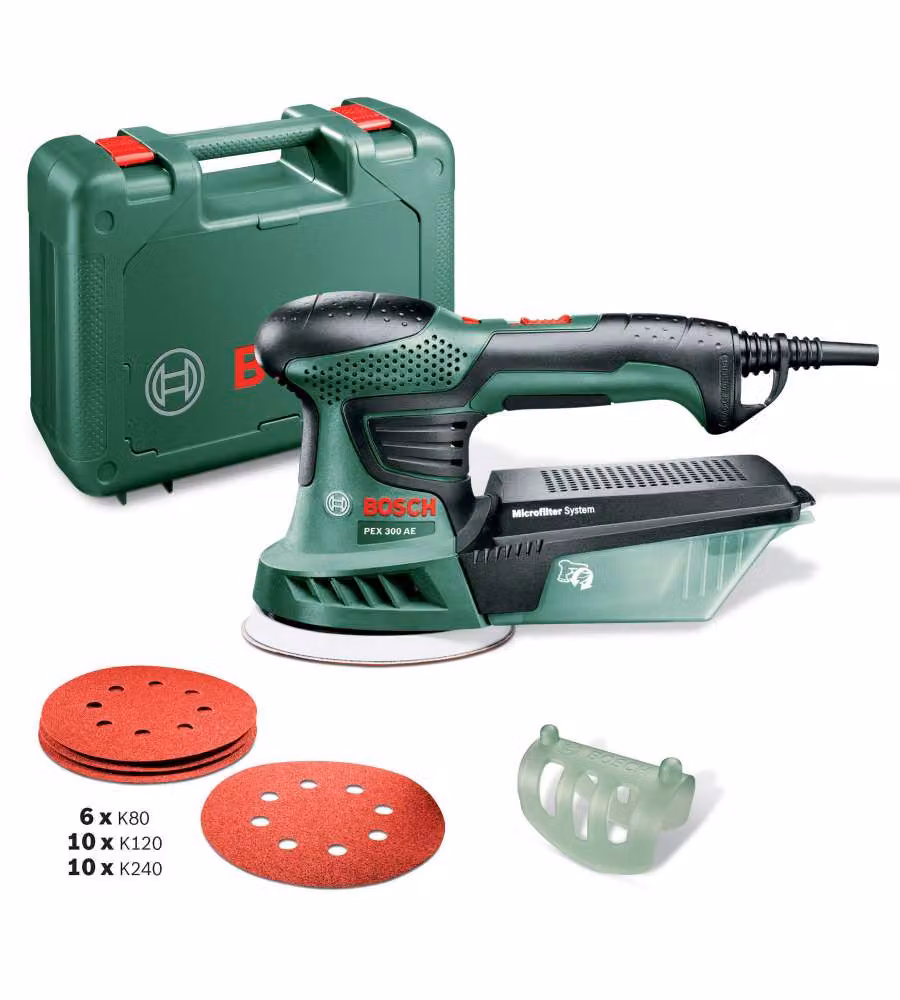 Levigatrice rotorbitale Bosch PEX 300 AE da 270 W verde con valigetta e accessori – 1