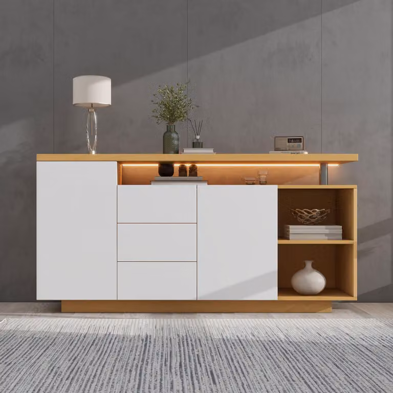 Credenza Merax con illuminazione a LED (16 colori), cassettiera con apertura a pressione, 3 cassetti e 2 ante, mobile da salotto bianco e rovere, 140x70x40 cm