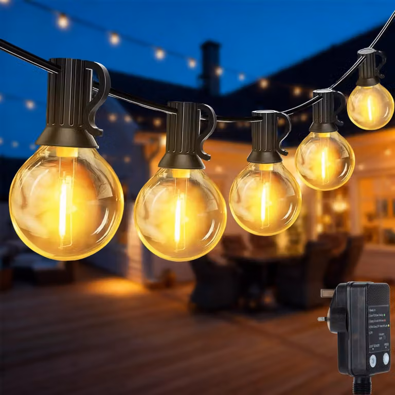 Catena luminosa a LED, 15 m, 27 lampadine G40 a luce calda, sensore di luce, timer, grado di protezione IP65
