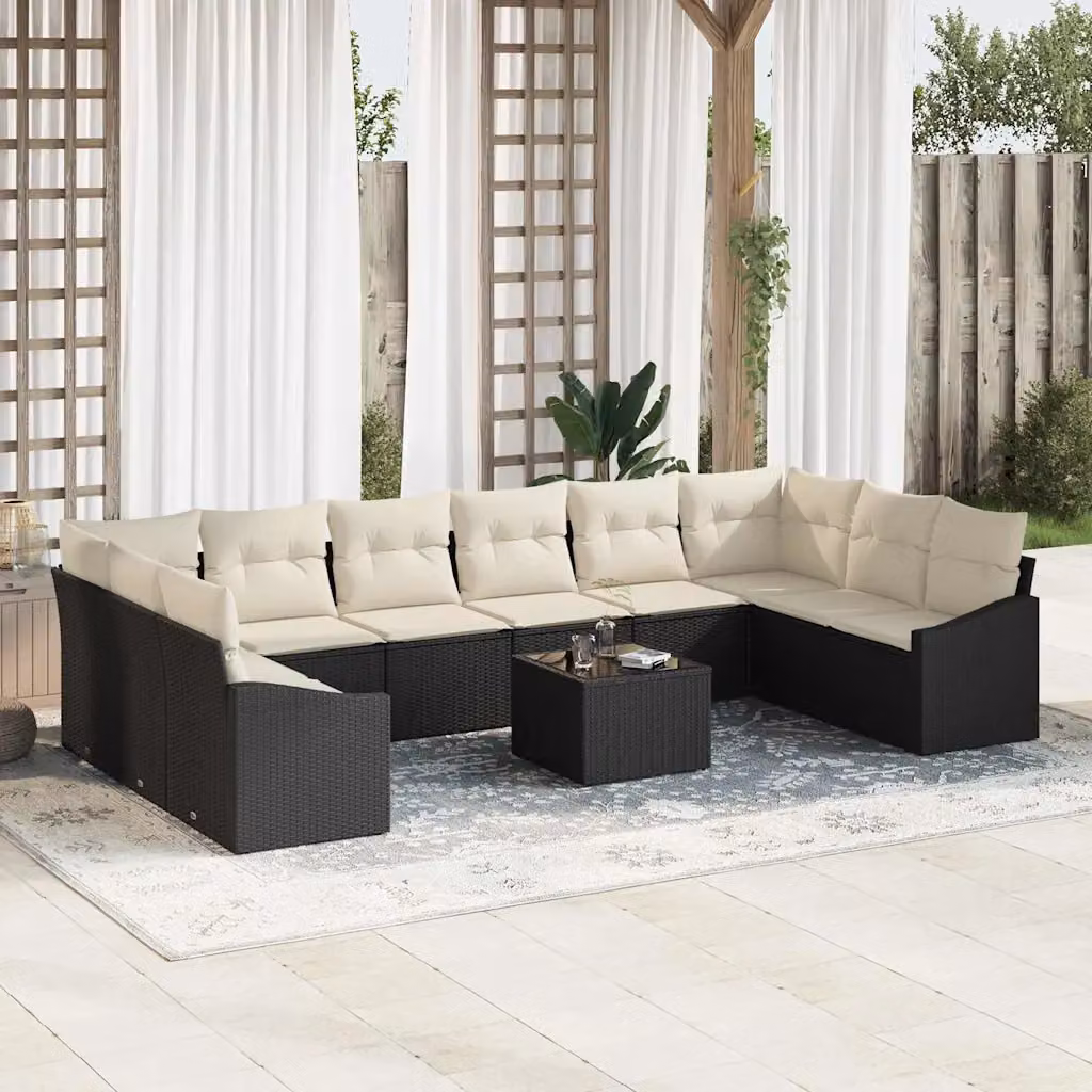 Set Divano da Giardino a Forma di U vidaXL in Polyrattan Marrone e Beige con Cuscini e Tavolino da Esterno – 1