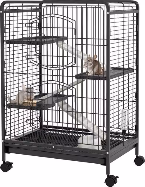 PawHut Gabbia per Piccoli Animali e Piccoli Roditori con Ruote, 3 Rampe e 3 Piattaforme, Ciotola e Bottiglia, 64x43.5x93cm, Nero Aosom