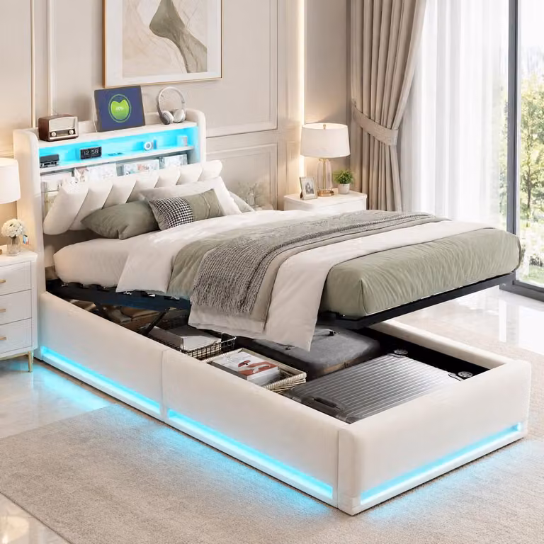 Letto per bambini INONEFT, 90 x 200 cm, con sistema di sollevamento idraulico, spazio contenitivo e porta USB, trasformabile in letto per adulti, imbottito con LED e rete a doghe, letto singolo, in velluto, color beige
