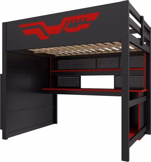 Letto gaming a soppalco 140x200 cm con scrivania, scala con contenitori, illuminazione LED e presa USB