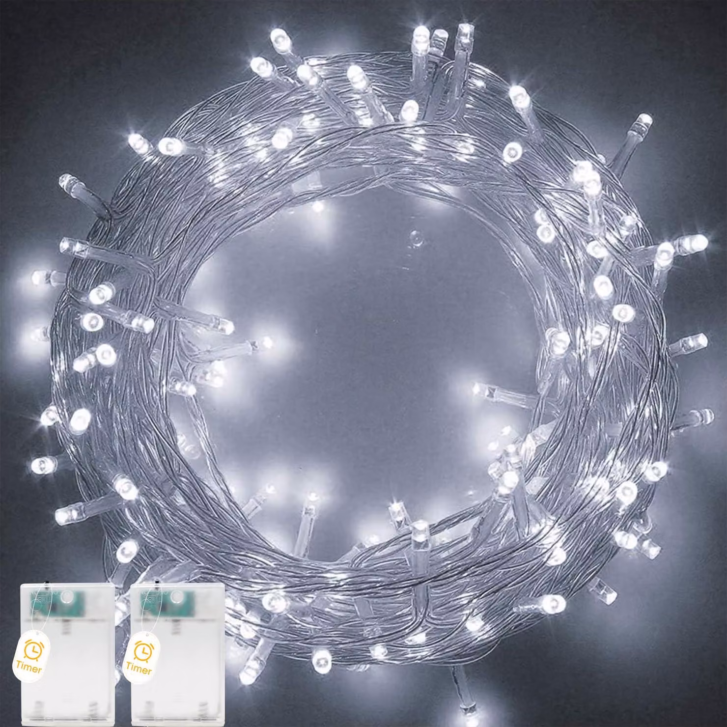 Catena luminosa da 5 metri, con 50 LED, luce bianca fredda, timer, grado di protezione IP65, confezione da 2 pezzi