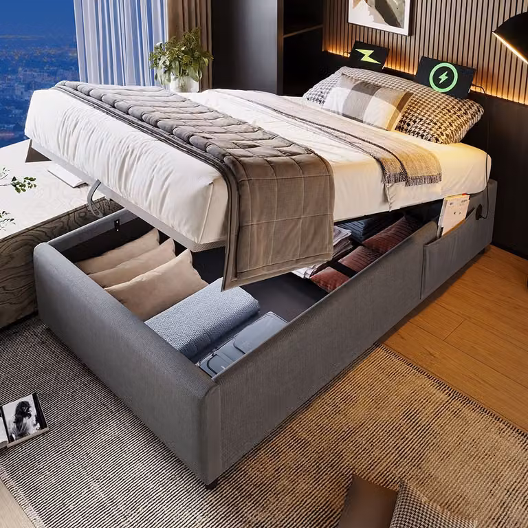 Sweiko Letto imbottito letto singolo 90×200 cm, rete Sturaumbett con USB-C e rete a doghe a superficie intera, senza testata, cotone, grigio, senza materasso