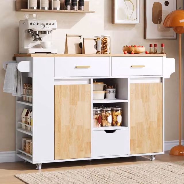Carrello da cucina con piano ribaltabile, 3 cassetti, ripiani laterali e ruote bloccabili, MDF bianco, 120 × 45(71) × 90 cm