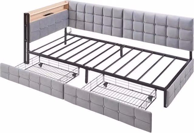 Divano Letto Imbottito 90x200 cm con 2 Cassetti, Lampada Led Integrata e Porte USB/Type-C, Letto Multifunzionale per Bambini Grigio