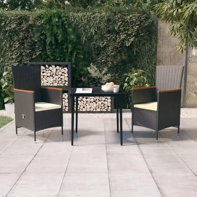 Set da pranzo da giardino moderno vidaXL in polyrattan con tavolo in vetro e cuscini nero e bianco