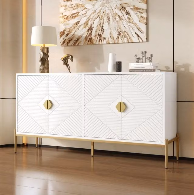 Credenza 162x40x80 cm bianco in MDF e pannello truciolare, 4 ante