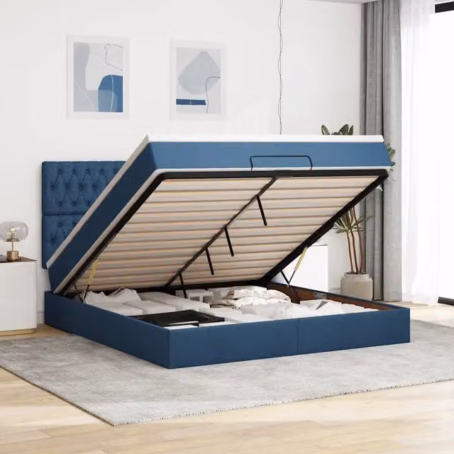 Letto con contenitore a sollevamento vidaXL in tessuto blu e bianco L: 180 cm, P: 200 cm, H: 128 cm – 1