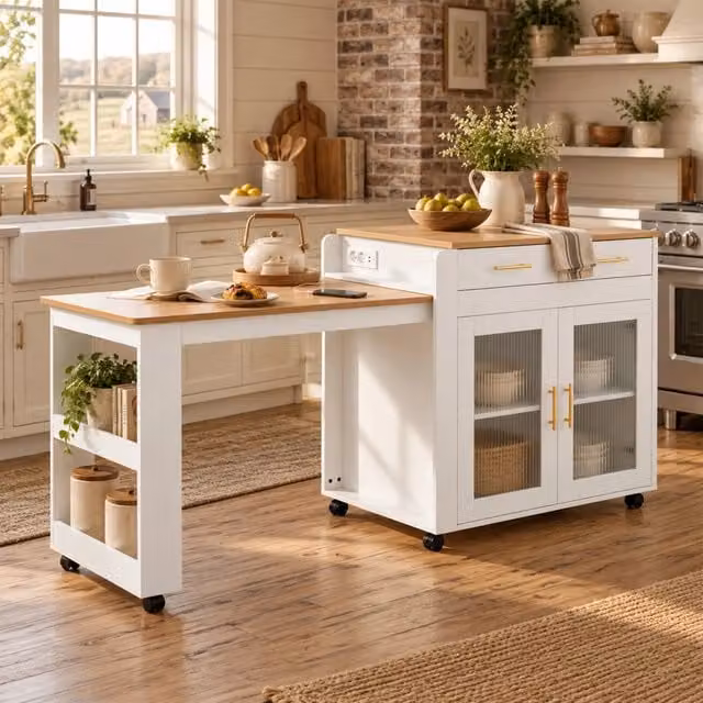 Isola cucina bianca con piano estraibile 116 177 cm in truciolare e vetro con cassetti e prese