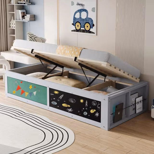 Letto singolo per bambini OKWISH con contenitore idraulico, lavagna e vano libri, grigio, L/P/H: 200 x 90 x 120 cm