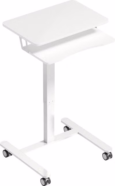 Scrivania da ufficio regolabile in altezza HOMCOM con ripiano per tastiera e ruote, telaio in metallo e piano in MDF bianco – 1
