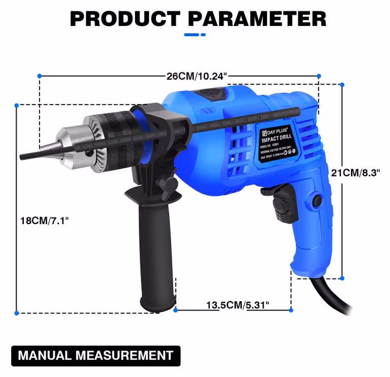 Trapano avvitatore a percussione - 2-in-1 - 1100 W - Velocità variabile - Impugnatura rotante a 360° - Motore brushless - 2800 giri/min - Capacità di foratura del calcestruzzo: 13 mm