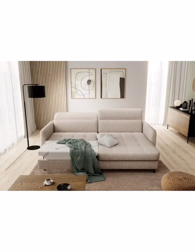 Divano ad angolo con letto trasformabile e poggiatesta regolabile MEUBLORAMA collezione GOUMSI colore Beige mélange L/P/H: 228 x 165 x 128 cm – 2
